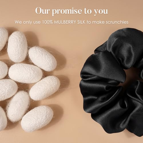 Lulusilk 100 Percent Mulberry Silk Scrunchies For Women Black 3 Pack Hair Sleep