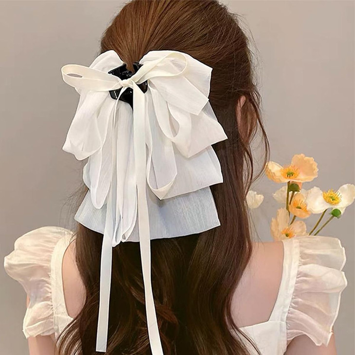 Rannyrena Large Hair Bow For Women Long Satin Silk Knot Hair Claw Clips Lace Black Tulle Hair Barrettes With Pearls Long Tail Bowknot Hair