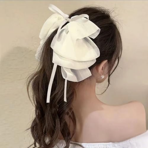Rannyrena Large Hair Bow For Women Long Satin Silk Knot Hair Claw Clips Lace Black Tulle Hair Barrettes With Pearls Long Tail Bowknot Hair