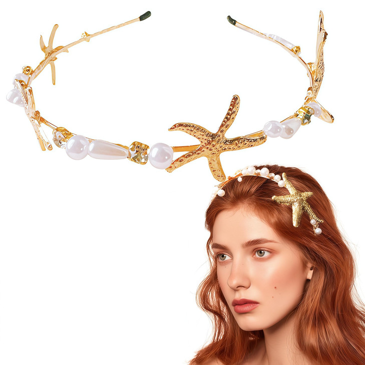Jaczora Gold Fashion Beaded Starfish Headband Pearl Starfish Mermaid Headbands Beach Wedding Hair Accessories For Women