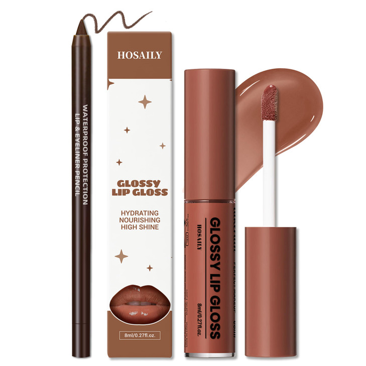 Hosaily Natural Nude Lip Combo Nourishing Lip Gloss And Brown Lip Liner Kit