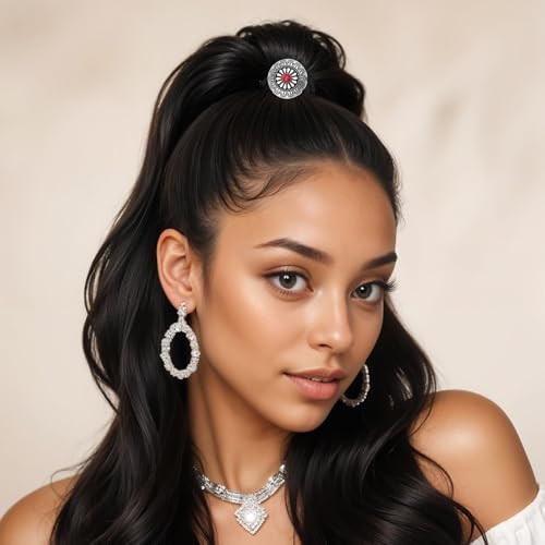 Hjzhii 3Pcs Western Ponytail Holders Metal Boho Hair Ties Vintage Ponytail Accessories Flower Circular Hair Ropes Bracelet Turquoise Concho