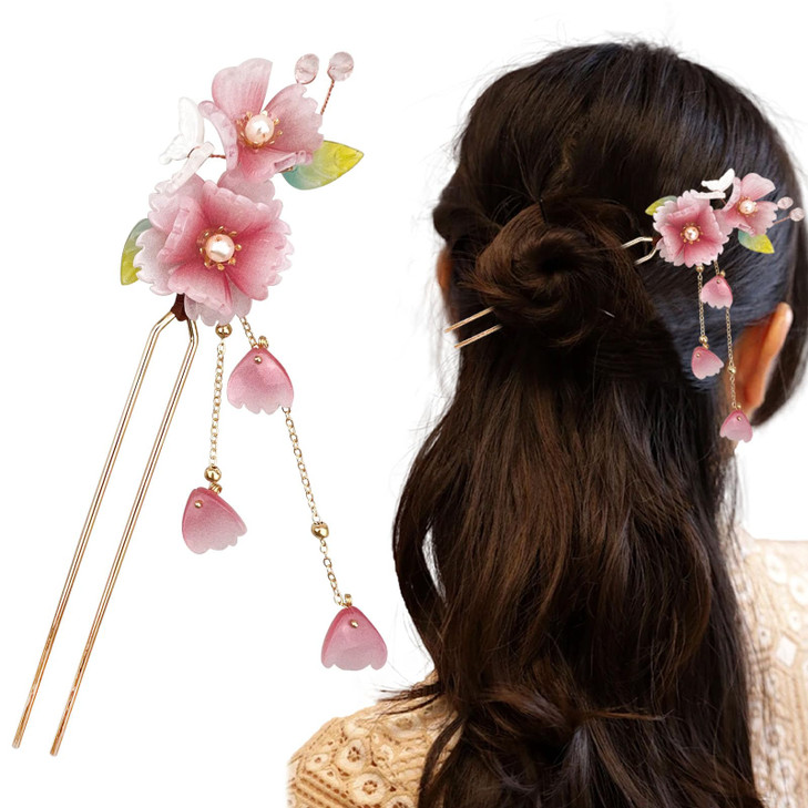 1 Pack Pink Peach Blossom With Leaves And Tassel Hairpin Hanfu Hairpin Retro Flower With Metal Handmade Hair Clip