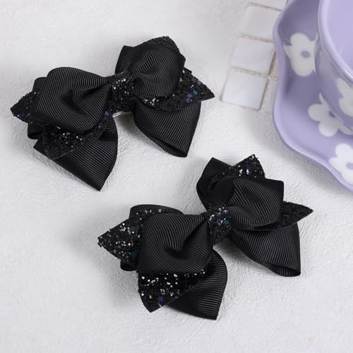 2Pc Glitter Black Ribbon Hair Bow Clips 4Inch Shiny Alligator Barrettes Pins For Teens Girls Women Graduation Halloween Dress Up Party