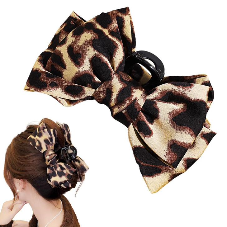 Wenlly Leopard Bowknot Hair Claw Clip 5.9 Inch Large Retro Hair Jaw Clips Elegant Hair Accessory 1 Piece Khaki