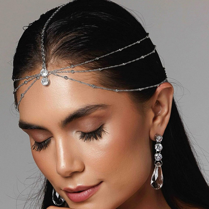 Layered Silver Head Chain Bride Rhinestone Forehead Headband Festival 1920S Accessories For Women Showgirl Headpiece Costume Jewelry Outfit