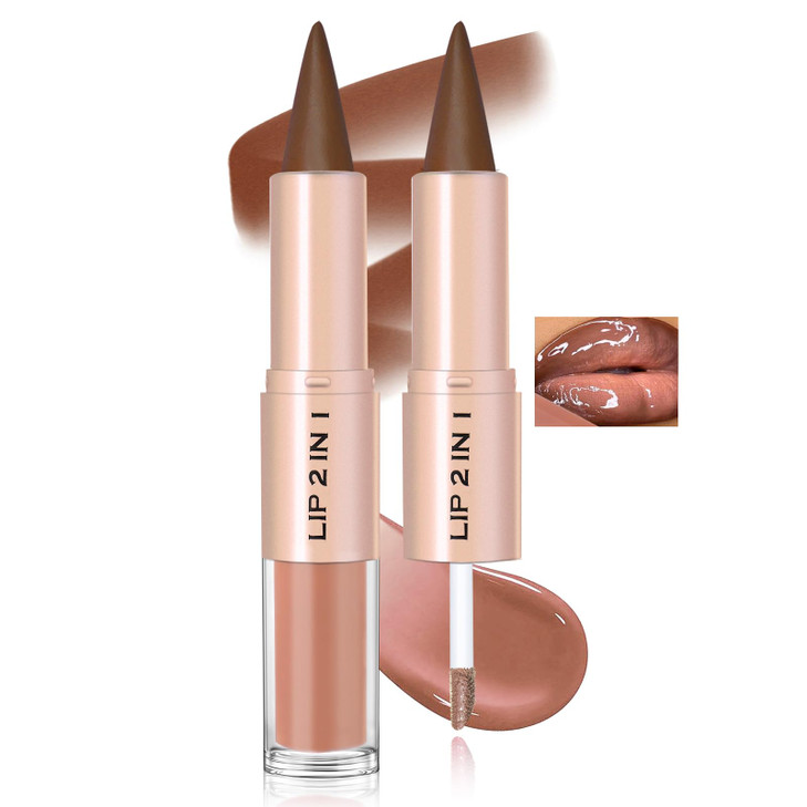 Hosaily Lip Combo 2 In 1 Dual Ended Brown Lip Liner Lipstick And Gloss Kit Nude Peach Juicy Lip Mirror Effect Velvet Matte Lip Liner Smooth