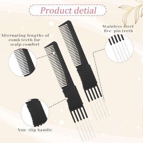 Zeyiyer 2Pcs Teasing Comb With Prong Metal Pick Hair Combs For Women Men Lift Teasing Comb For Hair Salon Styling Fine Hairs Black Pink