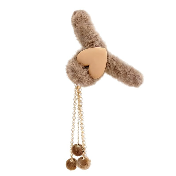 Cute Brown Furry Claw Clip Heart Pearl Tassel Fur Ball Pendant For Women Thick Thin Hair Fuzzy Winter Hair Styling Accessories For Daily