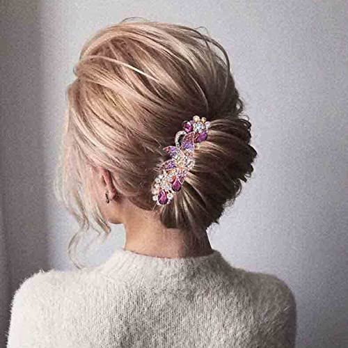 Yheakne Crystal Hair Clip Barrette Purple Rhinestone Hair Barrette Clip Bling Wedding Headpieces Flower Decorative Head Clip Headwear Bride