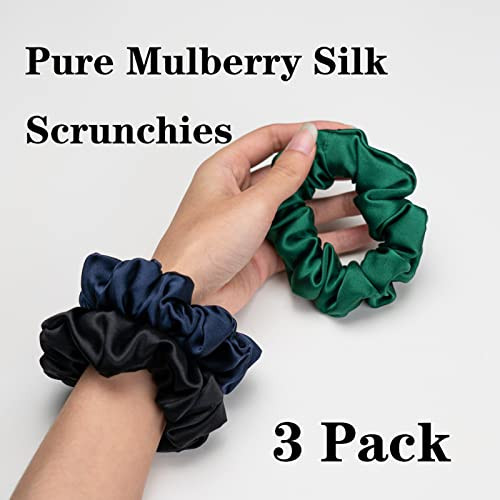 Silk Scrunchies For Hair 100 Percent Mulberry Silk Hair Ties 3 Pack Black Navy Blue Emerald