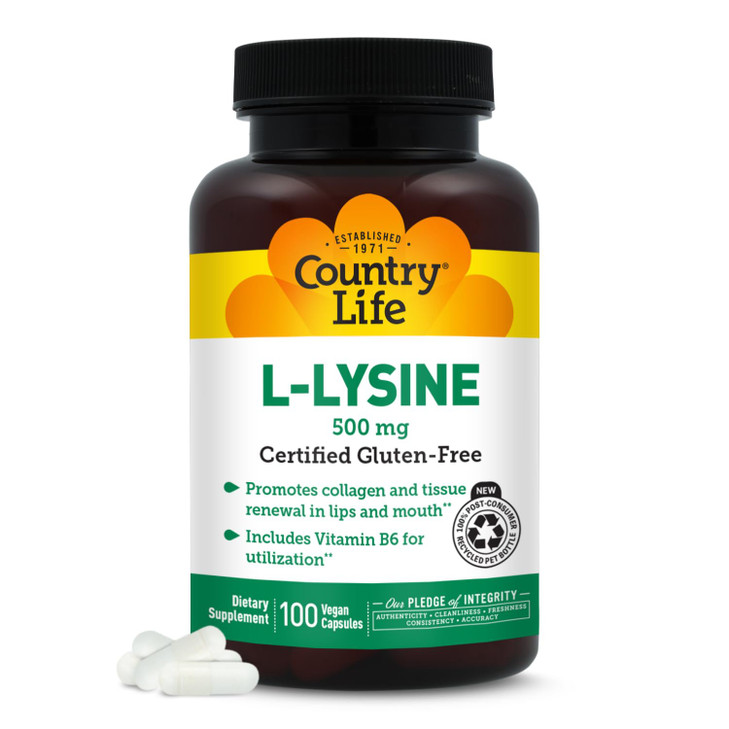 Country Life L-Lysine 500mg with B-6, Supports Immune Health, Promotes Collagen Renewal in Lips and Mouth, 100 Vegan Capsules, Certified Gluten Free,
