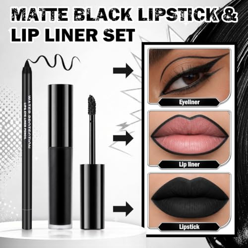 Ionsgako Matte Black Lipstick And Lip Liner Set For Halloween Goth Makeup