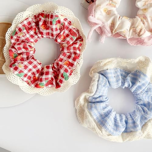 Cute Lace Plaid Hair Scrunchies For Women Lace Plaid Hair Ties Plaid Hair Bands Scrunchies Ponytail Holders Floral Headbands Accessories For