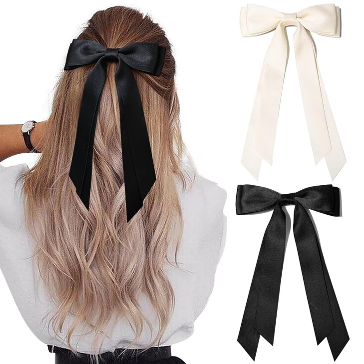2Pcs Hair Bows Hair Clip Beige Black Hair Ribbon Ponytail Holder Accessories Slides Metal Clips Hair Bow For Women Girls Toddlers Teens Kids
