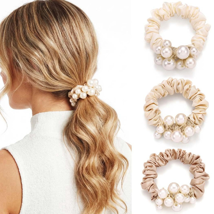Fashey Pearl Hair Ties Satin Hair Scrunchies Elastic Fancy Ponytail Holders Decorative Hair Accessories For Women Pack Of 3