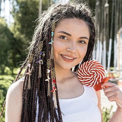 Bolinailo Hair Jewelry For Braids Natural Crystal Stone Loc Dreadlock Accessories Colorful Gems Butterflies Hair Charms Gold Hair Spirals