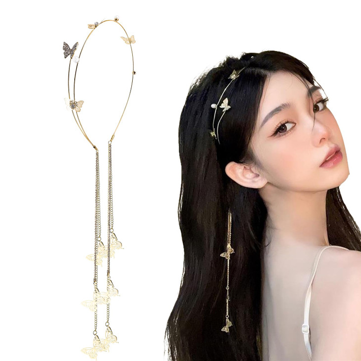 Donleeving Gold Wedding Butterfly Headband Crystal Tassel Headband For Women Sparkly Rhinestone Fake Earrings Hair Chain Hairhoop Hair