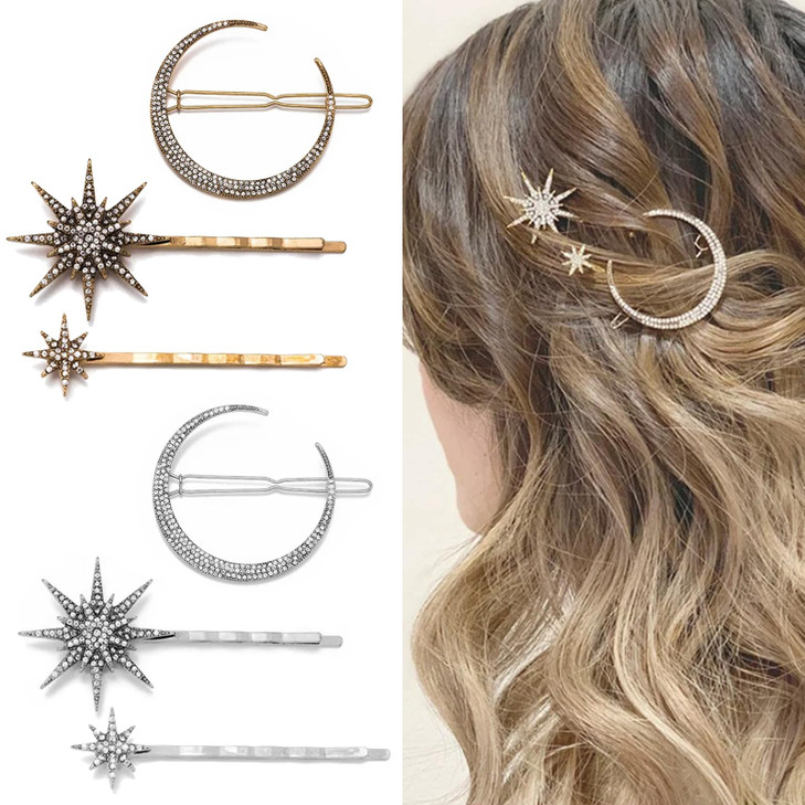 Mdgfge 6 Pieces Rhinestone Stars Moon Hair Clips Vintage Star Hairpins Crystal Decorative Bobby Pins Metal Alloy Hair Pins Snowflake Side