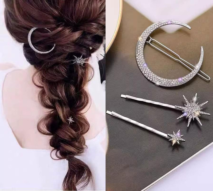Mdgfge 6 Pieces Rhinestone Stars Moon Hair Clips Vintage Star Hairpins Crystal Decorative Bobby Pins Metal Alloy Hair Pins Snowflake Side