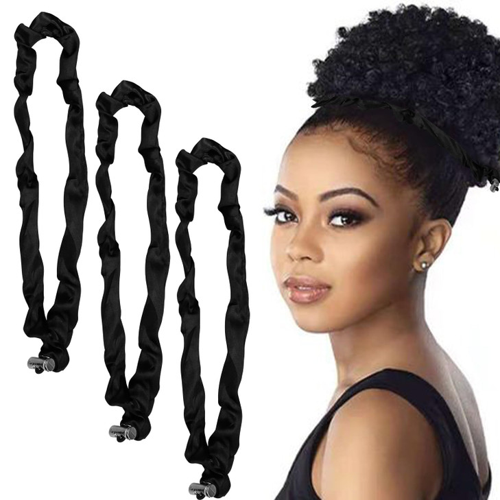 3Pcs Silk Scrunchies Adjustable Slip Black Satin Hair Ties For Thick Curly Natural Hair And Long Afro Ponytail Styles