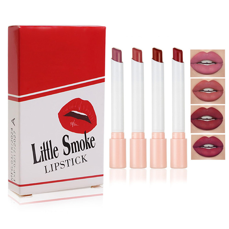 Beuking 4Pcs Cigarette Case Lipstick Long Lasting Non Sticky Matte Nude Lipstick Set Lightweight Mini Velvety Lip Gloss Little Smoke Tube