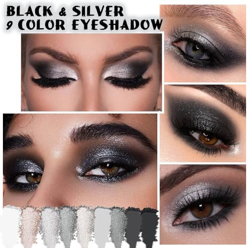Evpct 9 Colors Silver Gray Glitter Eyeshadow Palette Black Smokey Grey And Silver White Sparkle Glitter Shimmer Shiny Eye Shadow Palette