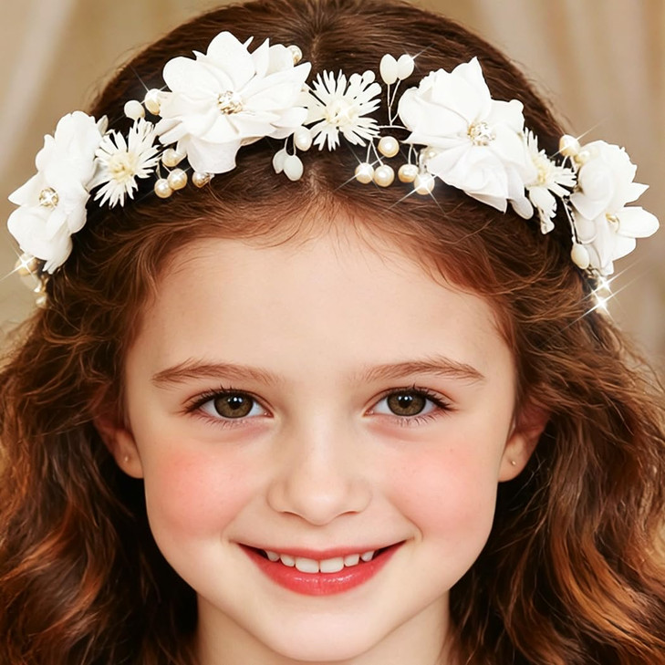 Campsis White Pearl Flower Headband First Communion Headpiece For Girls