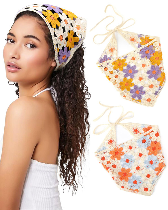 Chlins 2 Pcs Crochet Bandanas Floral Bandana Headband Tie Knitted Headscarf Hair Bandanas For Women Girls Head Kerchief Flower Orange Blue