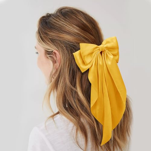 Big Hair Bows For Women Gold Yellow Silky Satin Hair Bow Hair Clips Long Tail Cute Hair Ribbon Coquette Bows Hair Barrettes For Girls