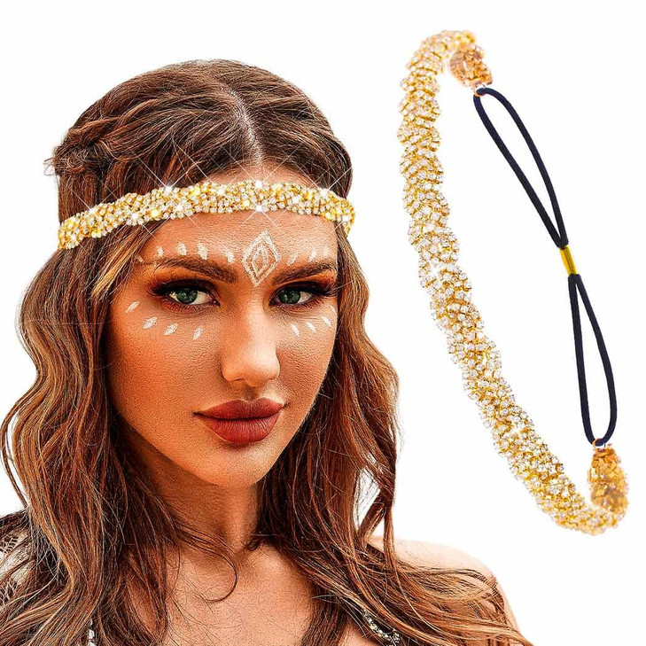 Fstrend Elastic Rhinestone Headbands Carnival Rave Hair Accessories Sparkly Crystal Braid Headpiece For Women Gold M
