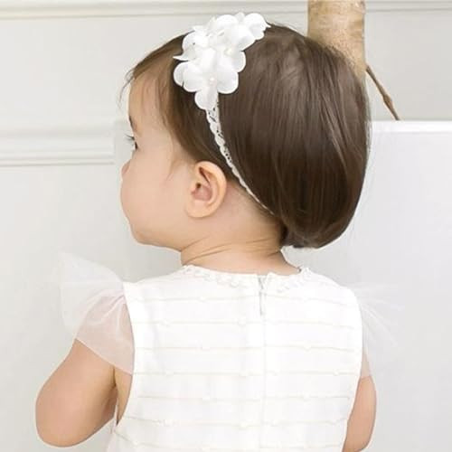 Ickeyou Baby Girls White Lace Flower Faux Pearl Headband Soft Elastic Hairband Baby Hair Accessories For Photos Birthday Baby Shower