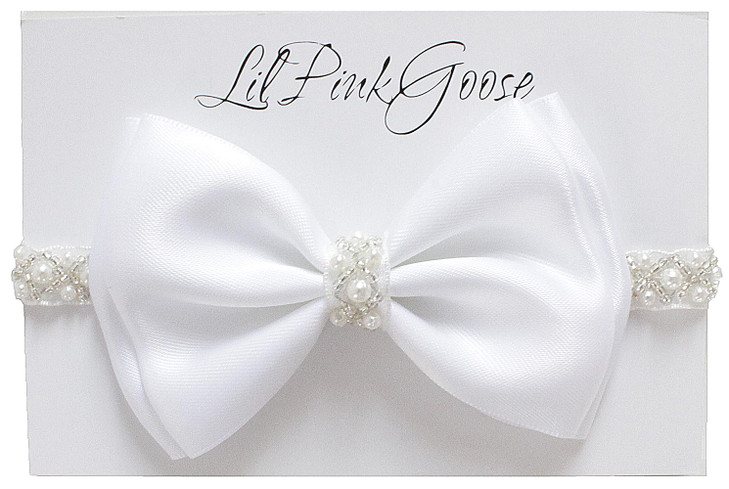 Lilpinkgoose 0 12 Newborn Baby Baptism Pearl Headband Or Clip With Bow In White Christening Headband With Satin Bow Pearl Rhinestone Band