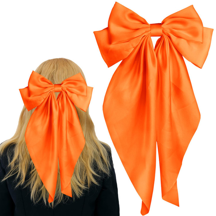 Pufandor Hair Bow Silky Satin Hair Ribbons For Women Orange Bows For Girls Hair Bowknot Barrettes Long Tails With Clips Big Hair Bows Hair