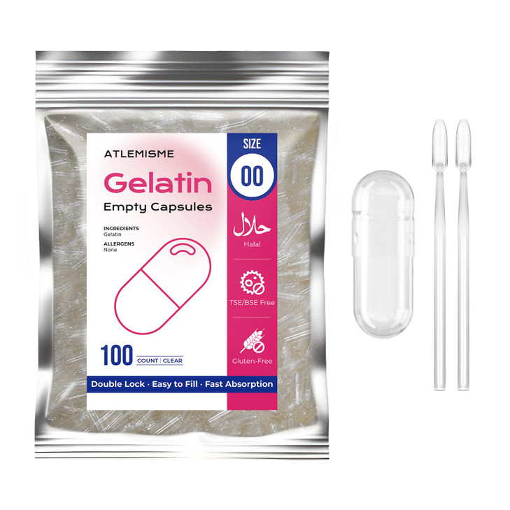 Atlemisme Empty Gelatin Capsules Size 00 100 Count Diy Gelatin Capsule Filling With 2 Micro Lab Spoons For Capsule Filling