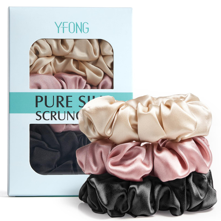 Yfong 3 Pcs 100 Percent Mulberry Silk Scrunchies For Women Girls Soft No Damage