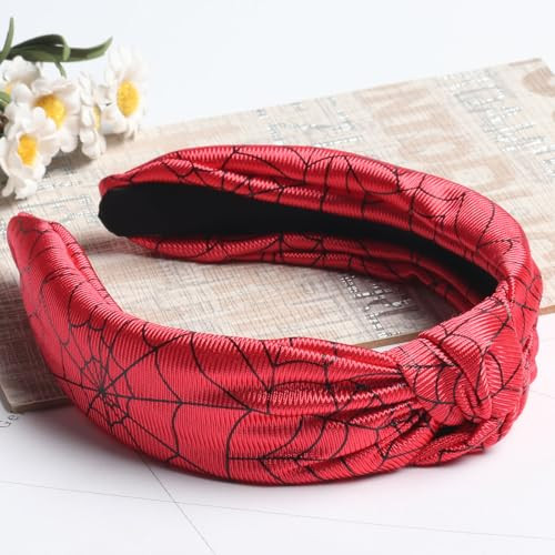 Hifanmm Halloween Headband For Women Girls Black Spider Web Hair Band Wide Top Knot Red Hair Accessories Non Slip Headband Funny Halloween