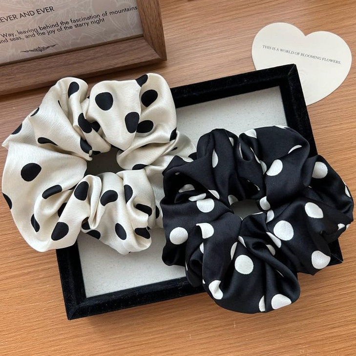 Lemeilleur 2 Pcs Polka Dots Silklike Hair Scrunchies Long Hair Hair Eleastic Bands Scrunchy Hair Ties Ropes Ponytail Holders Cloth Bands For