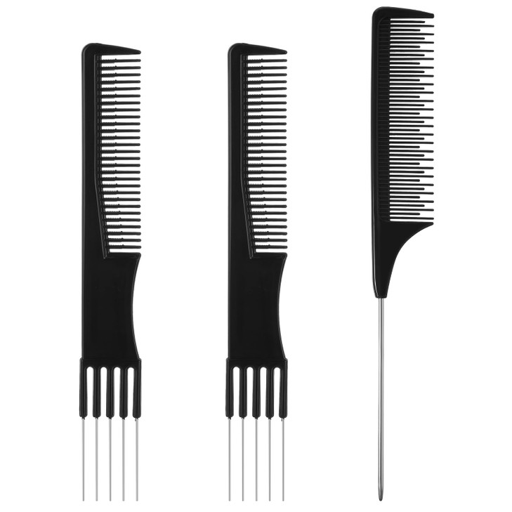 3Pcs Teasing Comb For Women Hair Combs With Metal Pick Combs And Fine Tooth Rat Tail Parting Combs Salon Teasing Back Combs With Stainless