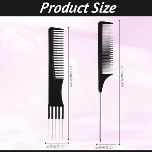 3Pcs Teasing Comb For Women Hair Combs With Metal Pick Combs And Fine Tooth Rat Tail Parting Combs Salon Teasing Back Combs With Stainless
