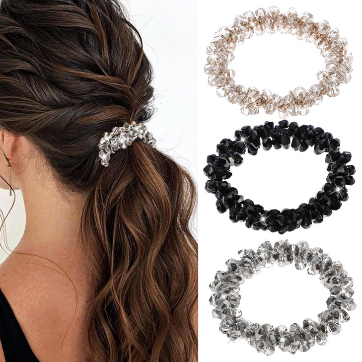 Qianyu 3 Pcs Rhinestone Hair Ties Pearl Hair Scrunchies Elastic Crystal Ponytail Holder Fancy Beaded Hair Band Stretchy Pretty Hair Ropes