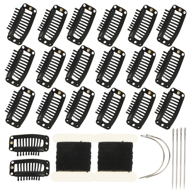 20 Pieces Hair Extension Clips Black Wig Clip With Needle And Thread Set
