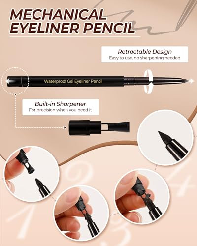 Sumeitang Black Eyeliner Pencil Retractable Gel Eye Liner Pencil Built In Sharpener Waterproof Smudge Proof Waterline Eye Liner Pencils