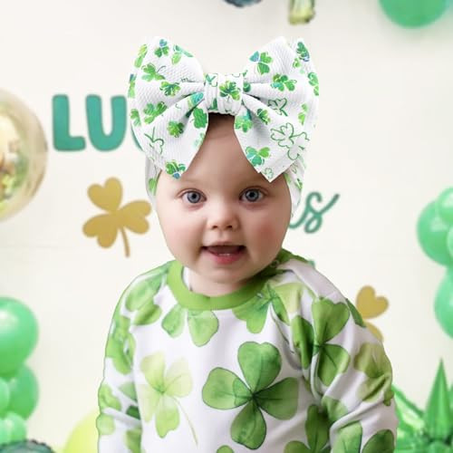 Oneninedream 7 Large St Patricks Baby Bows Green Shamrock Headbands For Newborn Girls White Leaves Tied Bow Hairband Infant St Patricks Day