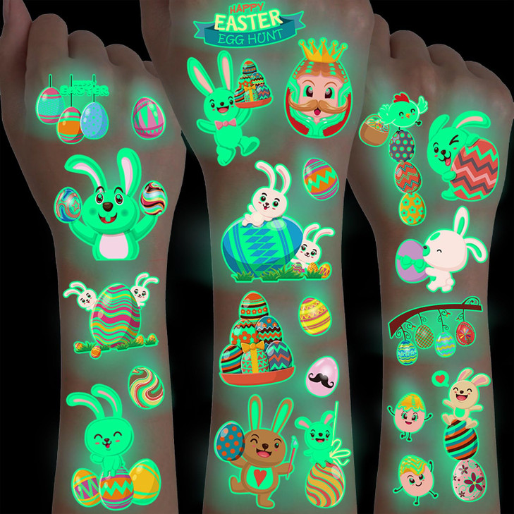 10 Sheets 110 Pcs Luminous Easter Tattoos For Kids Rabbit Bunny Eggs Temporary Tattoos Easter Party Decoration Supplies Glow In The Dark