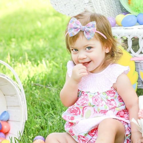 Yanjie Easter Bows For Baby Girls Rabbit Egg Bow For Newborn Infant Easter Bunny Ears Hairbands Nylon Pink Bow Headband Easter Hair