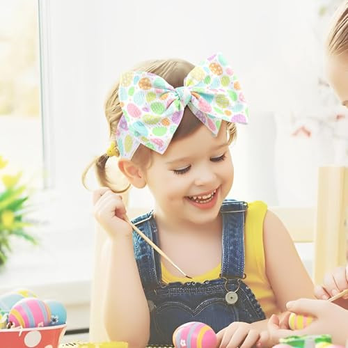Yanjie 7 Easter Baby Girl Bows Egg Headband Easter Hair Bows Large Easter Baby Headband Toddler Girls Hair Accessories Infant Bow Pink