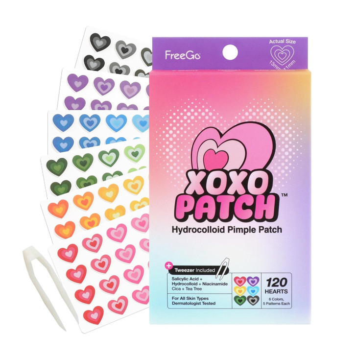 Freego Xoxo Hydrocolloid Pimple Patch 120 Counts Cute Colorful Heart Shape Salicylic Acid Niacinamide Cica Tea Tree Absorb Heal Pimple And