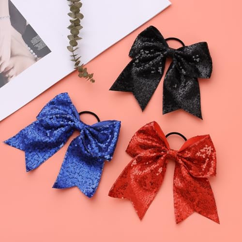 Large Black Sequin Glitter Cheer Hair Bows Sparkly Bows Ponytail Holder Elastic Band For Cheerleading Teen Girls College Sports Black