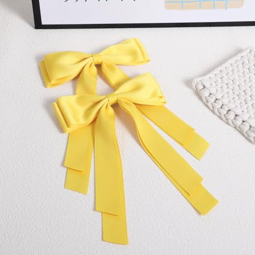 5.5In Yellow Hair Bow Clips Long Tail Silky Satin Polyester Ribbon Bowknot Barrettes Alligator Hairpins For Teens Girls Women Summer Easter